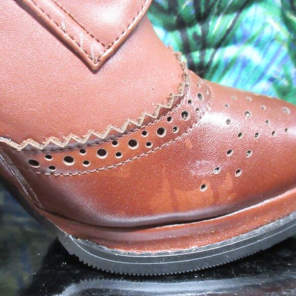 Vintage Look Cognac Sheepskin + PU Leather Lace Up Stacked Heel Knee High Boots - Picture 9 of 15